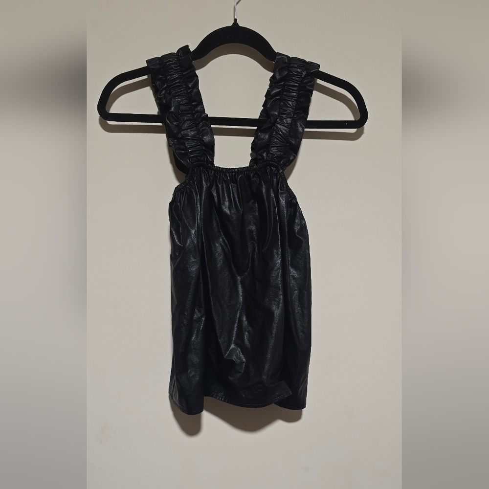 glam Black Faux Leather Midi Top with Ruched Straps